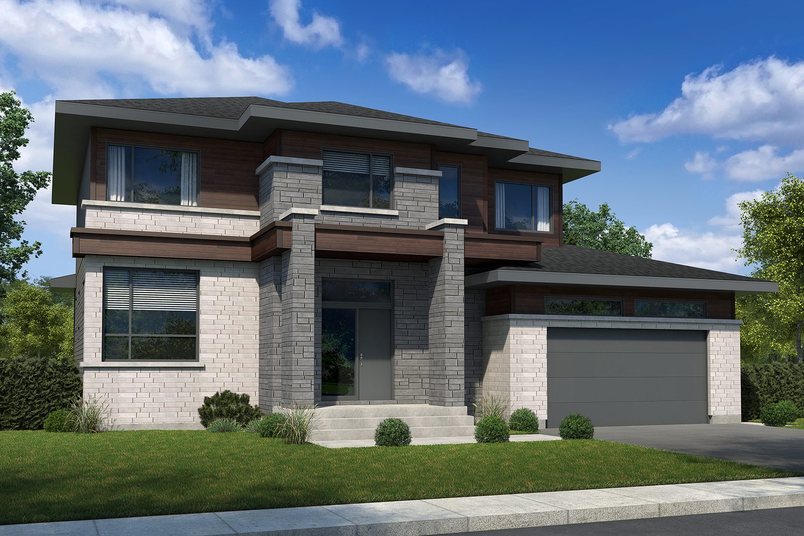 Le Distinctif : maison contemporaine en pierre grise et bois foncé, larges avant-toits, garage double gris